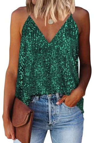 EUDOLAH Ärmellose Damen Unterhemden mit Pailletten schimmerndes Oberteil Glitzer Top Tanktops Party Tunika Glitzerbluse, Gruen, Size M