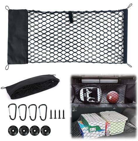 Red Maletero de Coche, Red Elástica Maletero, Redes de Almacenamiento de Carga 90 x 40 cm, Organizador Maletero Coche con 4 Ganchos, Universal Bolsa de Malla para SUV Automóvile, Van, Caravana