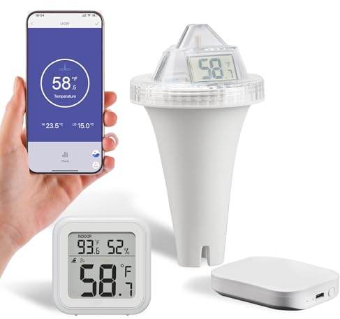 Thermomètre Piscine, Thermometre d'eau Intérieur Extérieur radio numérique avec Passerelle WiFi Thermomètre d'étang étanche Thermomètre de Piscine Moniteur IP68 Portée de 90 Mètres pour Piscine Spa