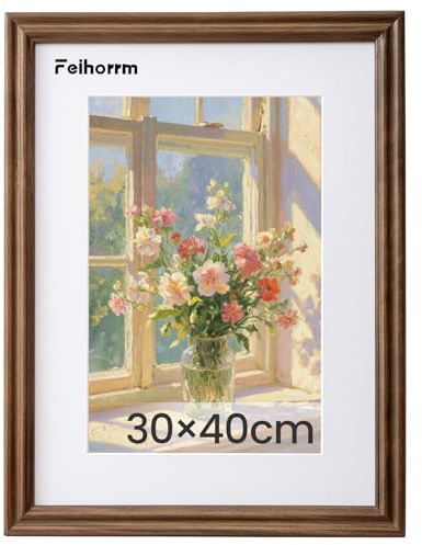 Feihorrm Vintage Bilderrahmen, Walnuss Massivholz Fotorahmen, Mit gehärtetem Glas, Für 30x40 cm-Fotos ohne Passepartout oder 19x29 cm-Fotos mit Passepartout (Dunkel Braun, 30x40 cm)