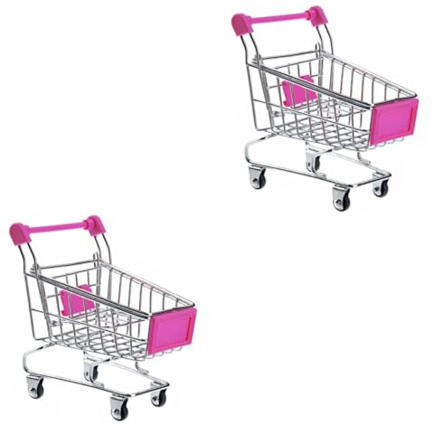 Beaupretty 2pcs Mini Shopping Cart Storage Basket Desktop Organizer Rosy and Hard Material Compact for Pens Cosmetics Cellphone Gadgets and Table Decoration