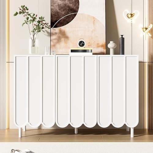 Generisk Sideboard, mångsidigt förvaringsskåp, köksskåp med 3 vågiga dörrar och justerbara hyllor. För vardagsrum, matsal, hall. 120×35×80 cm, vit