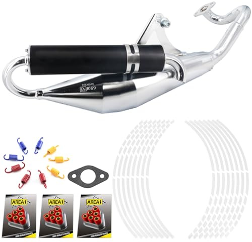 Area1 Sport Auspuff Set Tecnigas Q-Tre Schalldämpfer Schwarz passend für liegende 50ccm 2Takt Peugeo. Motoren z.B. Speedfight 3 Speedfight 4 JetForce C-Tech + Gratis Tuning Zubehör