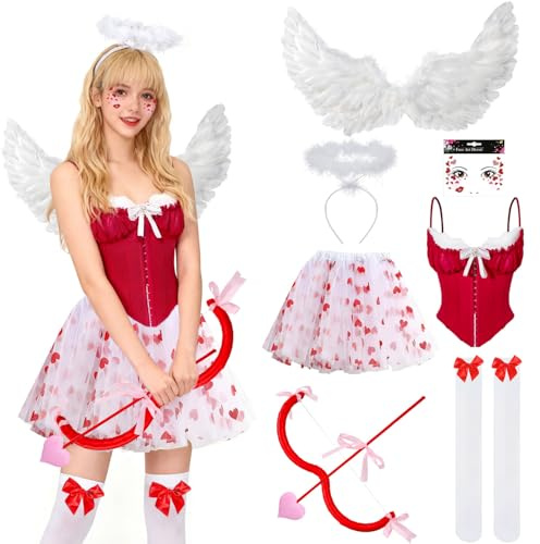 Amor Kostüm Damen,Amor Kostüm Valentinstag,Karneval Kostüme Amor 8 Set,Cupid Engel Kostüme Erwachsene mit Engelsflügel,Heiligenschein Engel,Herzchen Tutu Rock,Amor Pfeil und Bogen für Valentinstag