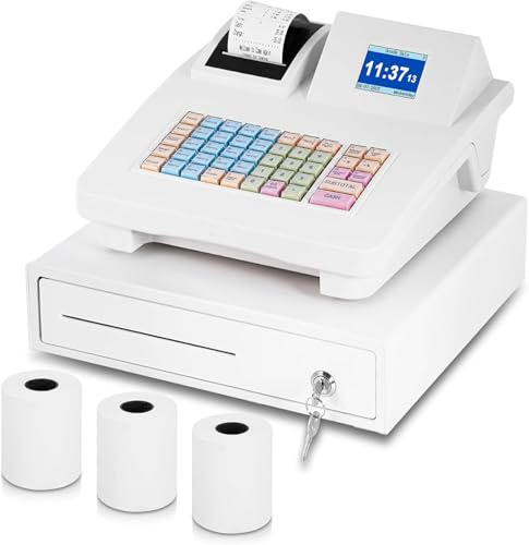 MXBAOHENG Caja registradora electrónica 48 teclas Caja comercial con 3 rollos de 58 mm impresión térmica Sistema de caja registradora inteligente con cajón de efectivo (Sistema de inglés)
