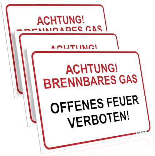 PRINTIMA 3x Schild ACHTUNG! BRENNBARES GAS – OFFENES FEUER VERBOTEN! 32x21 cm – Warnschild aus PCV inkl. Befestigung – Sicherheitskennzeichnung für Industrie & Technikräume