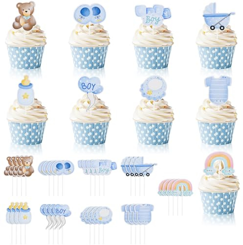 NISENTIA 36 Stück Babyparty Deko Tortendeko Junge, Baby Shower Deko Kuchen Cake Topper Taufe, Gender Reveal Party Kuchendeko Cupcake Topper, Babyshowerparty Torte Dekoration für Taufe Babyparty Kinder