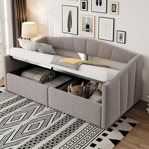 Qsddk Schlafsofa Polsterbett 90x200 cm mit Gestreift, Hydraulisches Bett mit Stauraum, Einzelbett Tagesbett mit Armlehnen, Bettgestell mit Lattenrost, Samt, Hellgrau, Ohne Matratze