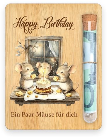 PIujsym Geldgeschenk Geburtstag Holz Karte Ein Paar Mäuse für dich Lustige Geschenkidee für Happy Birthday geldgeschenke geburtstag mit Reagenzglas und Box hölzern Deko Zubehör 13x10cm