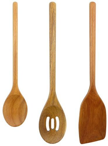 Juego de 3 Utensilios de Cocina de Madera, 30cm Espátula de Cuchara de Madera Grandes Antiadherentes, Cucharas Ranuradas Resistentes al Alor para Cocina y hornear
