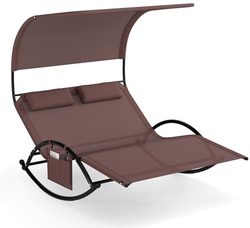 COSTWAY Sonnenliege für 2 Personen, Doppelliege mit Dach, Seitentasche und 2 abnehmbaren Kopfstützen, Gartenliege, Schaukelliege bis 300 kg belastbar, Relaxliege für Garten, Terrasse (Braun)
