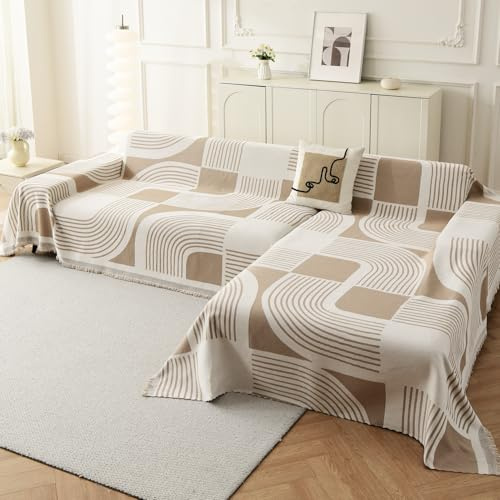 WEYOND Sofa überzug für L-Form Sofas, 180 x 300 cm + 180 x 260 cm, Khaki | Chenille Sofa Überwurf, Waschbare Bohemian Couch Überzug, Sofaschutz Hund mit Recamiere-Bezug für Ecksofas