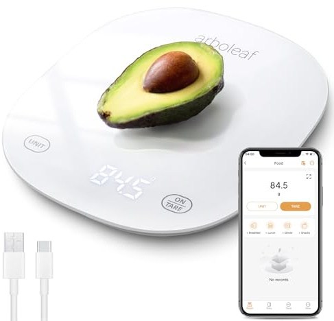 arboleaf Küchenwaage digital mit App 10kg/0,5g Kalorien Waage USB aufladbar | Lebensmittelwaage mit Kaloriendatenanalyse, Essenwaage mit LED-Anzeige & Tara-Funktion