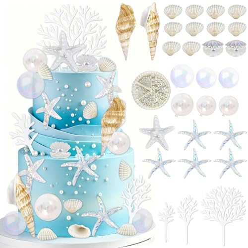 Ozean Themen Tortendeko Seestern Muschelschalen Koralle Kuchen Dekoration Sommer Cake Toppers Tortendekoration für Meer Ozean Strand Themenparty, Baby Shower, Geburtstagsfeier