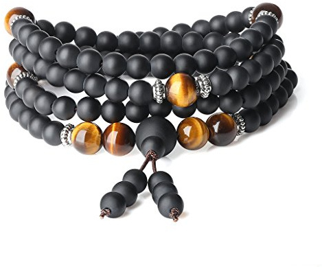 COAI 108 Mala Perlenkette aus Eingeschliffener Onyx und Gelbes Tigerauge Naturstein Wickelarmband für Herren Damen