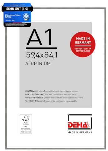 DEHA Design Aluminium Bilderrahmen Tribeca, 59,4 x 84,1 cm (A1), Grau | Aluminium Posterrahmen im Hoch- & Querformat zum Aufhängen Grau gebürstet bruchsicheres Kunstglas