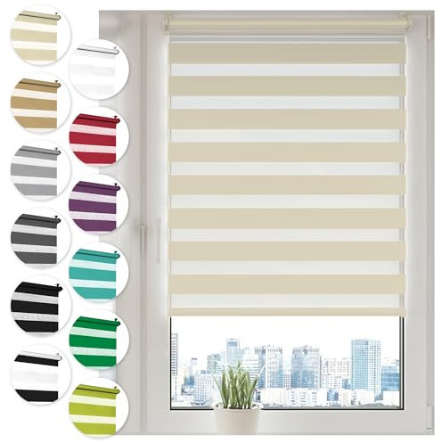Doppelrollo Klemmfix ohne Bohren 35cm x 210cm Creme Duo Rollo Klemmrollo Sonnenschutzrollo Fensterrollo für Fenster & Türen Zebrarollo Seitenzugrollo