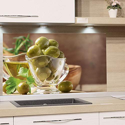 GRAZDesign Spritzschutz Küche Herd, Oliven Grün Braun, Küchenrückwand aus Echtglas, Wandschutz Glasbild 4mm ESG Glas / 80x40cm