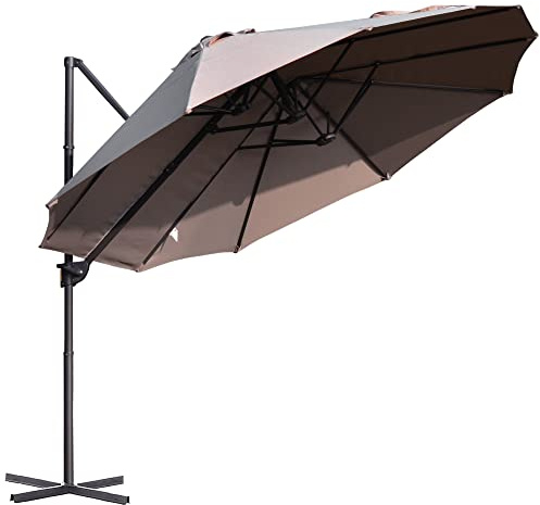 Outsunny Sonnenschirm Doppelsonnenschirm Oval 445x260cm Ampelschirm mit Kurbel Schirmständer Gartenschirm Kurbelschirm, Marktschirm für Garten Braun