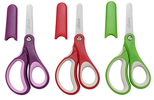 LIVINGO Tijeras para niños para zurdos y diestros, 13 cm, punta roma, de acero inoxidable, afiladas, para niños, escuelas, maestros, papel de corte, paquete de 3 colores surtidos