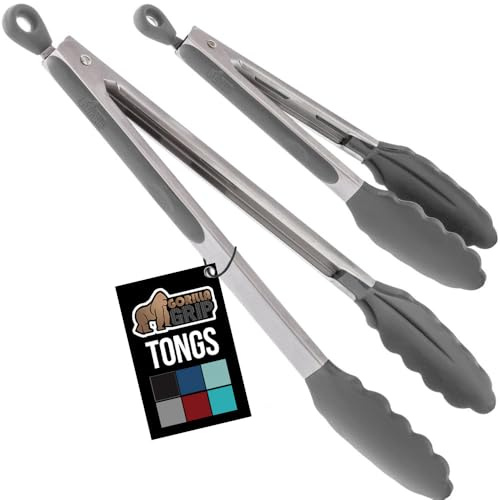 GORILLA GRIP Stainless Steel Kitchen Tongs for Cooking, 2 PK, Gray | Heat Resistant Barbecue Tong Set, Non Scratch Silicone Tip for Pans, Strong Grip, Grab Food, Toss Salad, Air Fryer, Pull Lock