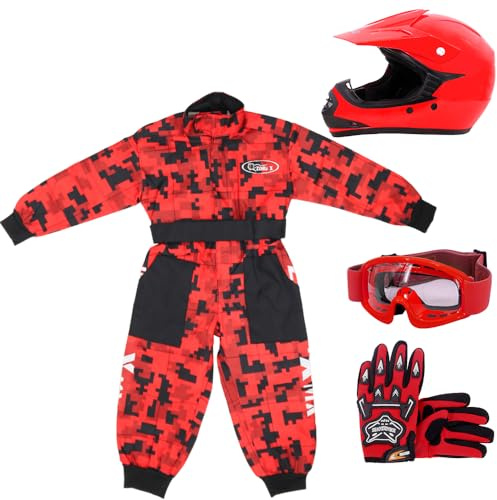 Zorax Red CAMO M(7-8 Years) Kids Suit & Gloves M(6cm) & Goggles & ZOR-X15 Red M (51-52cm) Kids Motocross Motorbike Helmet Motorcycle Helmet ECE Aproved