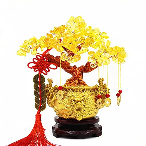 Colorsheng Feng Shui Yellow Quartz Crystal Tree, Bonsai Style Money Trees Decoration for Luck and Wealth (Dragon pots)