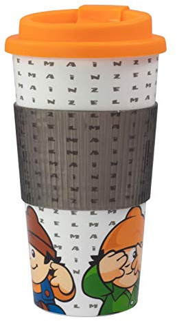 p:os Coffee to go Becher 500 ml Mainzelmännchen – Mehrwegbecher mit Deckel und TPR Banderole, ca. 17,5 cm hoch – Kaffeebecher to go für Büro, Auto und unterwegs