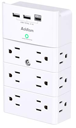 Addtam Multi Plug Wall Outlet, Surge Protector Wall Mount with 12 Outlet Extender 4 Sides and 3 USB Ports (1 USB-C), Outlet Splitter Power Strip for Home Office Dorm Room Essentials, White