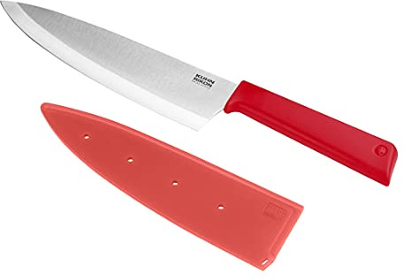 KUHN RIKON COLORI+ Classic Kochmesser gerade Klinge mit Klingenschutz, antihaftbeschichtet, Edelstahl, 30 cm, rot, Stainless Steel