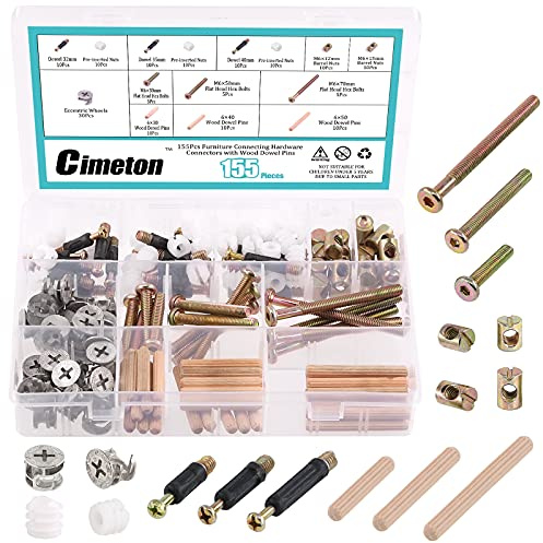 Cimeton 95Pcs Furniture Connecting Hardware Connectors Assortment Kit Including Cam Fitting Wood Dowel Pins and Pre-Inserted Nut and Furniture Crib Screws