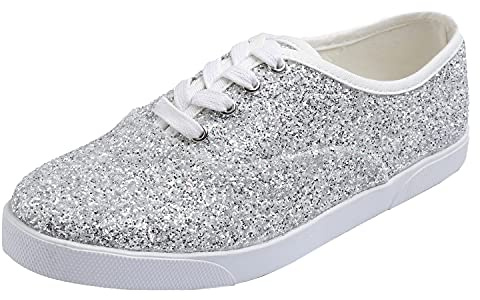 FEVERSOLE Women's Fashion Dress Sneakers Party Bling Casual Flats Embellished Shoes Ice Silver Plimsolls Glitter Lace Size 7.5 M US