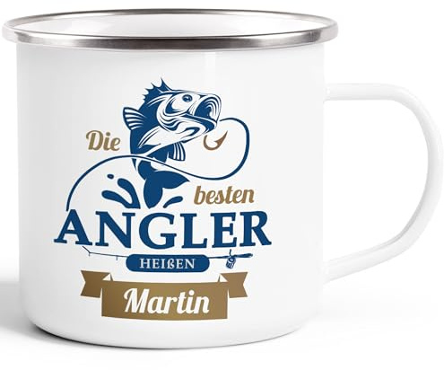 SpecialMe® Emaille-Tasse Name Geschenk Angeln Spruch Die besten Angler heißen Wunschname personalisierte Geschenke Weiss-metall Emailletasse