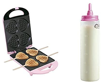 Bestron Waffeleisen für Herzwaffeln am Stiel, inkl. Teigportionierer für 700ml mit Skala, Ideal zum Befüllen des Waffeleisens, Farbe Gerät: Rosa, Teigflasche: Weiß