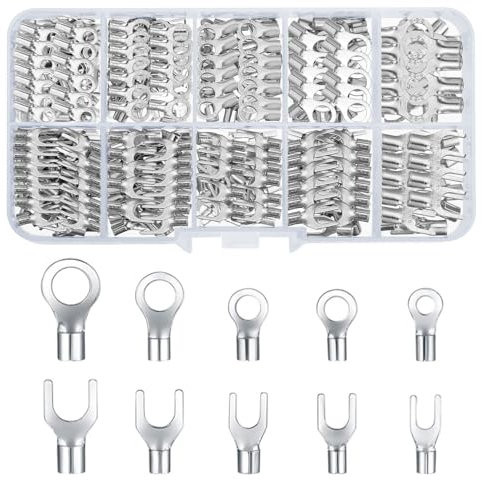 QOOSIKICC 320pc Non-Insulated Ring & Fork Connector Kit, Copper U-Type Female Terminals, Wire Lugs Battery Cable Connectors (Silver)