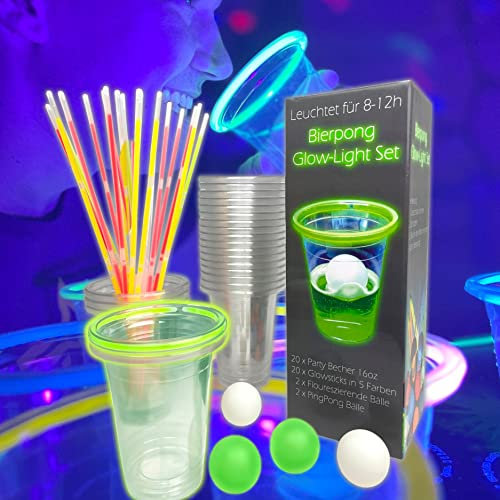 MYBEERPONG® Bierpong Becher Set Glow-Light mit 20 Plastik Bechern + 20 Knicklichter (12h Leuchtkraft) in 5 Farben (Rot, Blau, Pink, Gelb, Grün) - 4 Beerpong Bälle