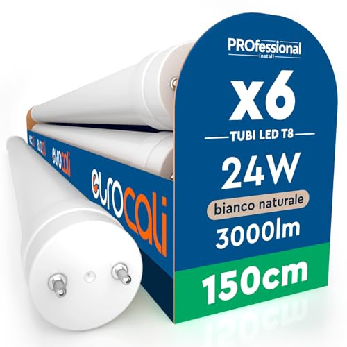 Eurocali 6 LED Rohre T8 24W 150cm G13 SMD mit Starter 3000 Lumen Garantie 3 Jahre Natürliches Licht 4000K Hohe Helligkeit 125 lmW Nano Plastic Material Ersatz Neon für Decke Garage Geschäft | 3 Jahre Garantie - Hohe Helligkeit 125 lm/W - Material Nano Kunststoff Neon Ersatz für Decke Garage Shop