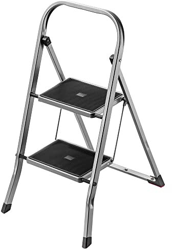 KADAX Scala pieghevole in acciaio, 2 gradini con gradini antiscivolo, portata fino a 150 kg, pieghevole con corrimano