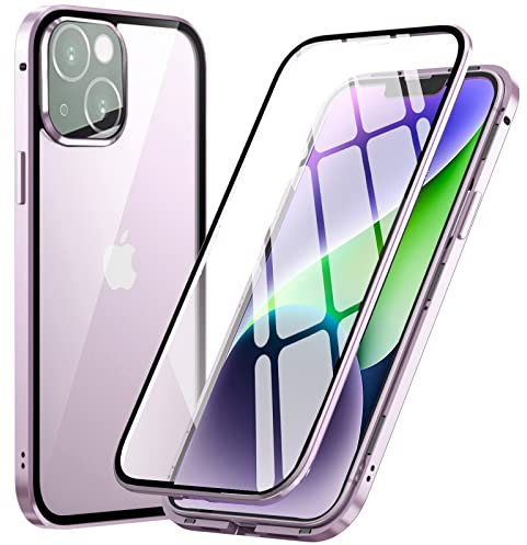 MIMGOAL for iPhone 14 Plus Magnetic Case 360 Degree Full Body Cover, Front and Back Tempered Glass Transparent Cover, Shockproof Protective Metal Bumper [Built-in Camera Protector], Purple