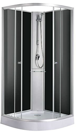 Cabine de douche complète RIO BLACK 90 x 90 x 204 cm – Verre arrière noir, verre de sécurité, double roulettes, avec douchette à main, avec bac de douche, douche complète