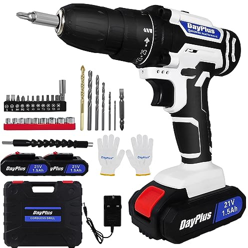 21V Cordless Drill with 2 Batteries 1500mAh, 45N.m Max Electric Battery Drill, 0-400/1400rpm 2 Speed Combi Power Drills Cordless Screwdriver, 25+1 Torque, 29pcs Accessories for Drilling & Screwing