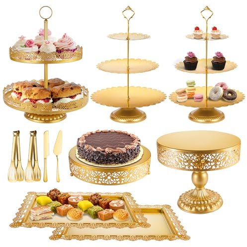 ELIMTEC Gold Cake Stand Metal Dessert Table Display Set Tiered Cupcake Holder Fruit Candy Donut Plate Serving Tower Tray Platter (Gold)