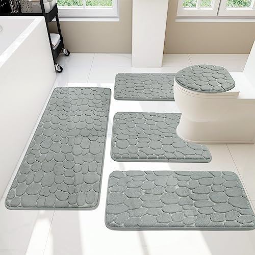 chakme Badezimmer Teppiche Sets 5 Stück, Cobblestone Memory Foam Badezimmer Matten Set dick, Anti-Rutsch-Badematten für Bad,absorbierend waschbar hellgrau Badteppiche für Wanne, WC und Boden