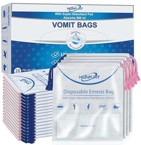 Hionfurt Spuckbeutel 26 Stück, blickdichte Kotztüten mit Saugpad | Bis zu 900 ml, Saugeinlage bindet Flüssigkeit zu Gel, mindert Auslaufen & Gerüche, Zugbänder ermöglichen einfachen Verschluss