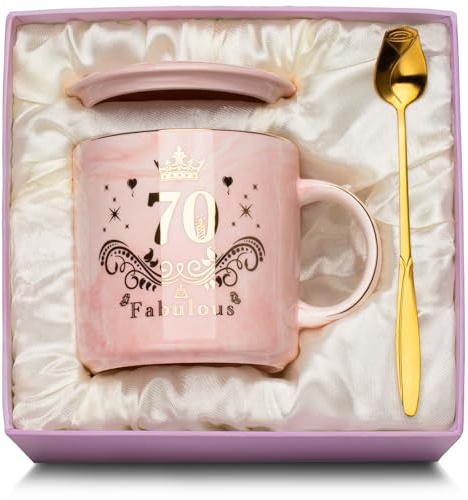 Tazza in ceramica Regalo per il 70° compleanno per lei, 400 ml, con cucchiaio e coperchio