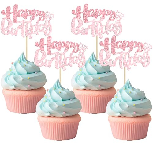 Ephlyn 24Pcs Happy Birthday Cupcake Toppers Double Layer Glitter Happy Birthday Cake Decorations for Baby Shower Kids Boys Girls Birthday Anniversary Party Cake Decorations Supplies Pink Light Pink