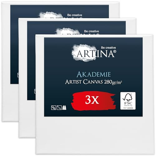 Artina Keilrahmen FSC® Leinwand zum Bemalen 3er Set bespannt | 20x20cm Canvas Leinwände zum malen für Acrylfarben Acryl Rahmen bespannte 100% Baumwolle kleine Malzubehör Akademie