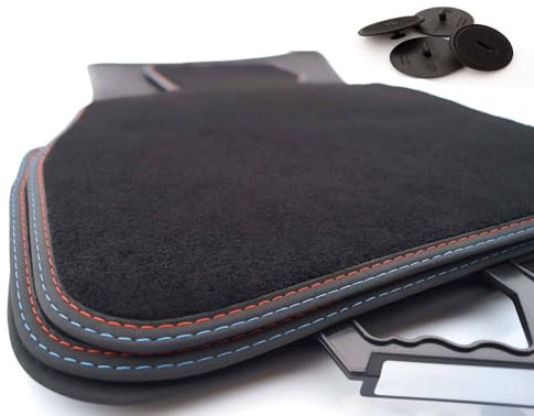 Fußmatten passend für BMW X1 (F48) Premium Velours Matten M-Design Doppelnaht Rot Blau Autoteppich Original Klett Befestigung