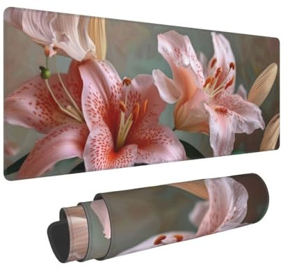 Gaming Mauspad XXL Rosa Lilie 900x300x3 mm Schreibtischunterlage, Multifunktionales Office Große Mousepad Laptop Schreibunterlage, Rutschfeste Gummi Mäusepads, Tisch-Schutz Unterlage für Büro B-552