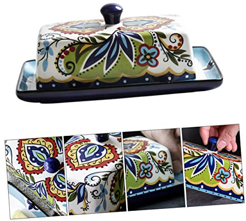 Amosfun Ceramic Butter Box Floral Pattern Lid Cheese Plate Butter Dishes for Kitchen Food Storage Container